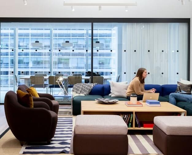 Breakout area at Churchill Place, WeWork in Canary Wharf