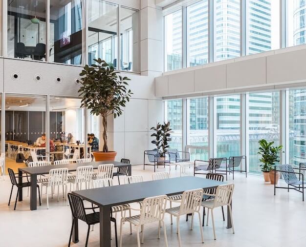The breakout area at Churchill Place, WeWork in Canary Wharf