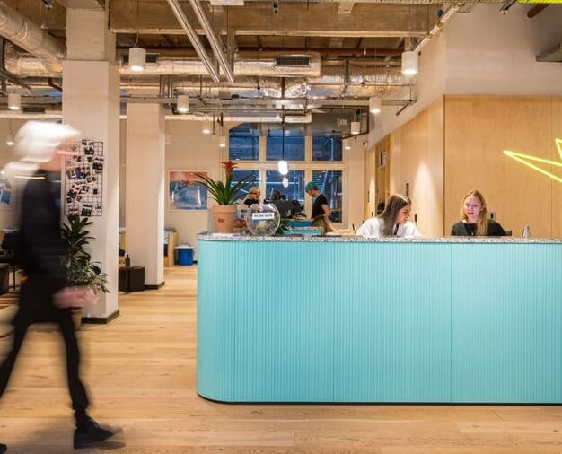 The reception at Waterhouse Square, WeWork in Holborn
