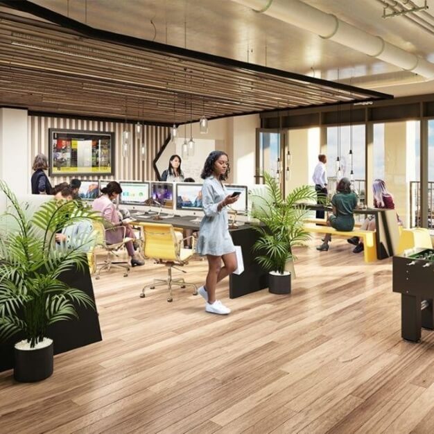 A breakout area at Marshgate Lane, Workspace Group Plc in Stratford