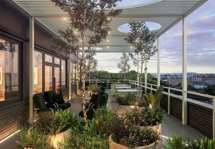 Roof terrace at Greenside House, Clockwise River Limited in Wood Green
