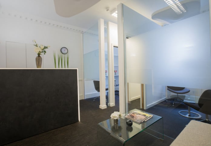 Reception area at 128 Wigmore Street, The Boutique Workplace Company in Marylebone