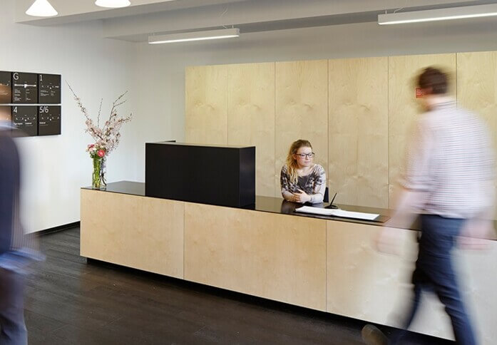 Reception area at The Shepherds Building, Workspace Group Plc in Shepherds Bush