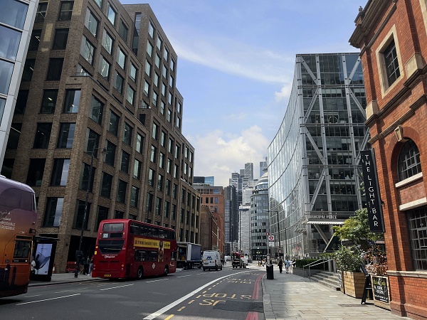 A view from Shoreditch highlighting a glass-fronted business centre