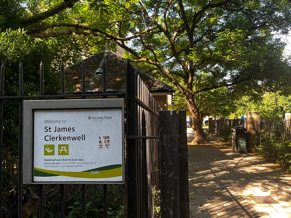Entrance sign and tree-lined path into St James Gardens, Clerkenwell